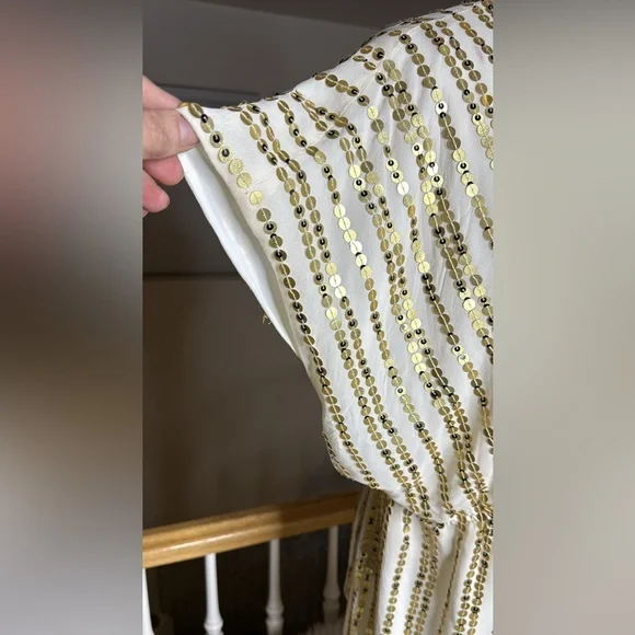 Soft Surroundings Creme Silk Gold Sequin Striped Blouse Size Large EUC Tie Front - Picture 4 of 7